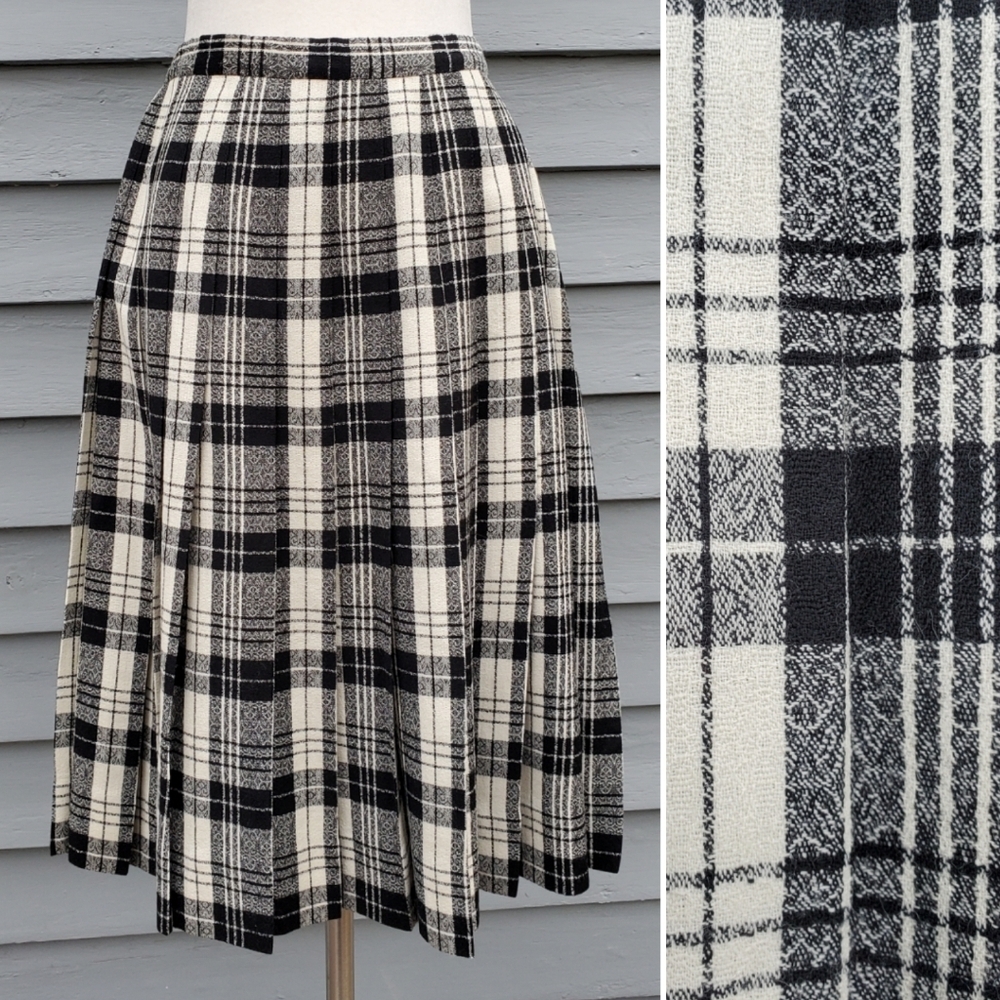 Vintage 90s y2k Pendleton Black Cream Wool Pleated Plaid Swirl Preppy Midi Skirt